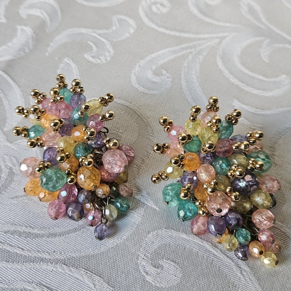 Vintage Colorful Bead Cluster Chainmill Earrings - Picture 2 of 7